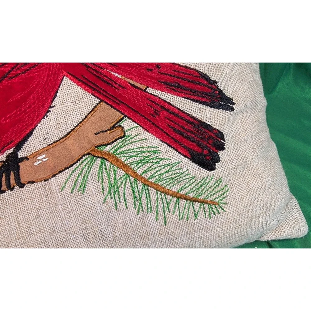 St Nicolas Square Red Cardinal Decorative Embroidered Applique Pillow Burlap 16